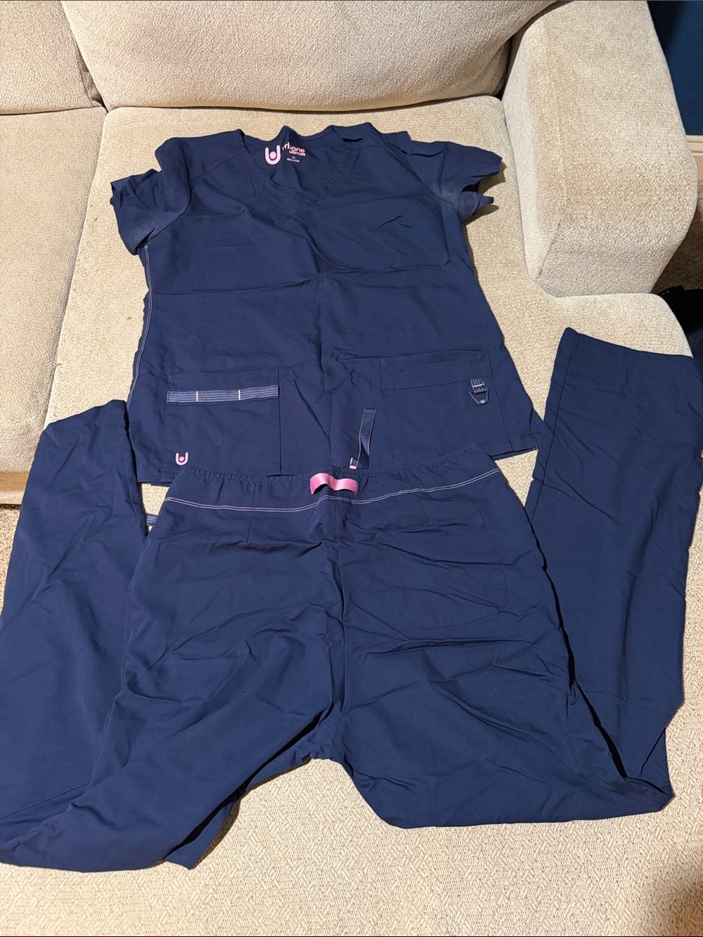 Urbane Navy Scrub Set with Pink Trim